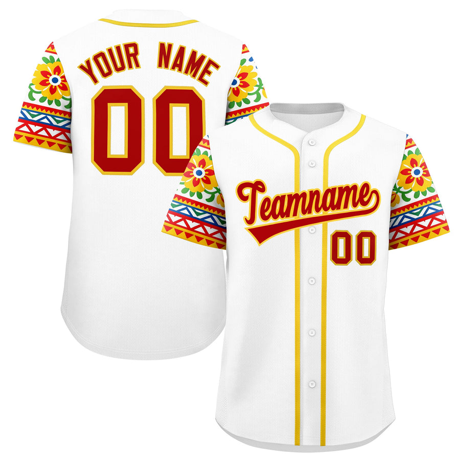 Custom White Red Gold Graffiti Pattern Mexican style Stretch Fabric Baseball Jersey | BuyFootballJersey