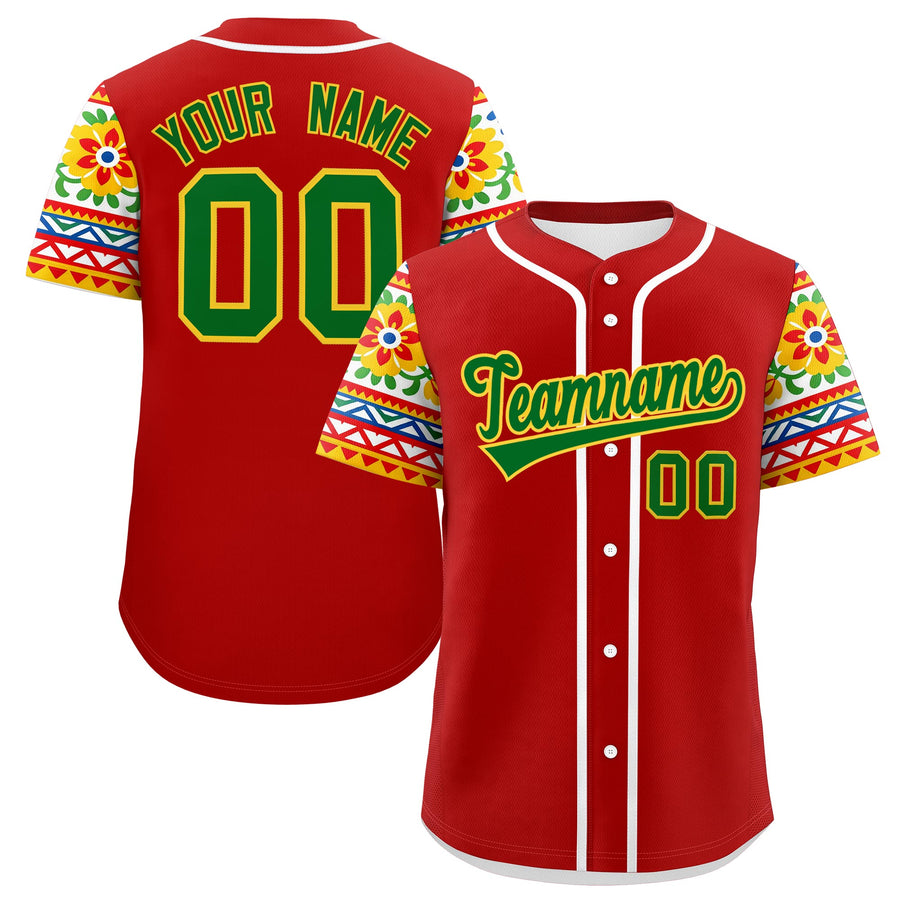 Custom Red Kelly Green Gold Graffiti Pattern Mexican style Stretch Fabric Baseball Jersey | BuyFootballJersey