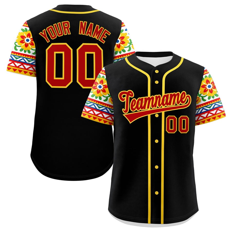 Custom Black Red Gold Graffiti Pattern Mexican style Stretch Fabric Baseball Jersey | BuyFootballJersey