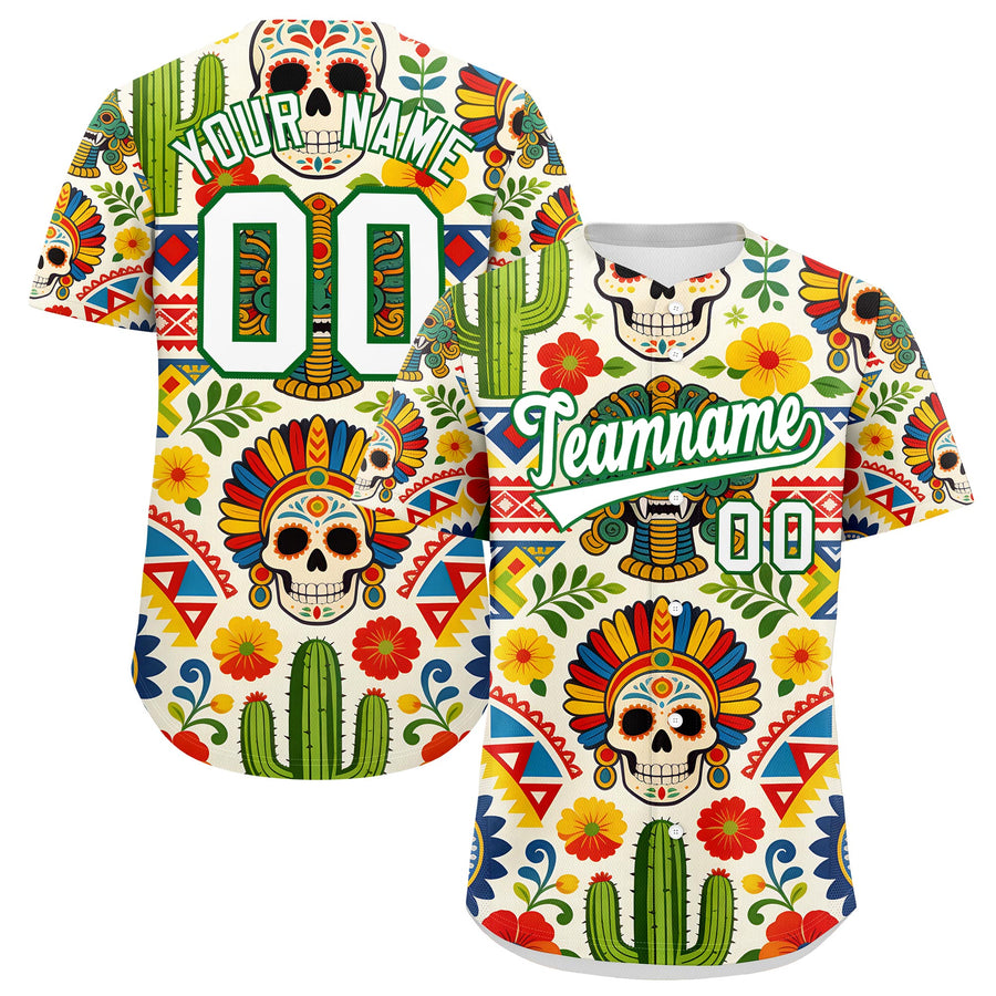Custom White Kelly Green Graffiti Pattern Mexican style Stretch Fabric Baseball Jersey | BuyFootballJersey