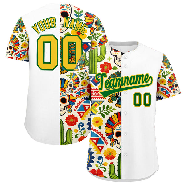 Custom White Kelly Green Gold Graffiti Pattern Mexican style Stretch Fabric Baseball Jersey | BuyFootballJersey