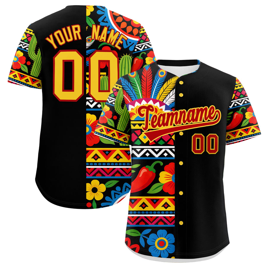 Custom Black Red Gold Graffiti Pattern Mexican style Stretch Fabric Baseball Jersey | BuyFootballJersey