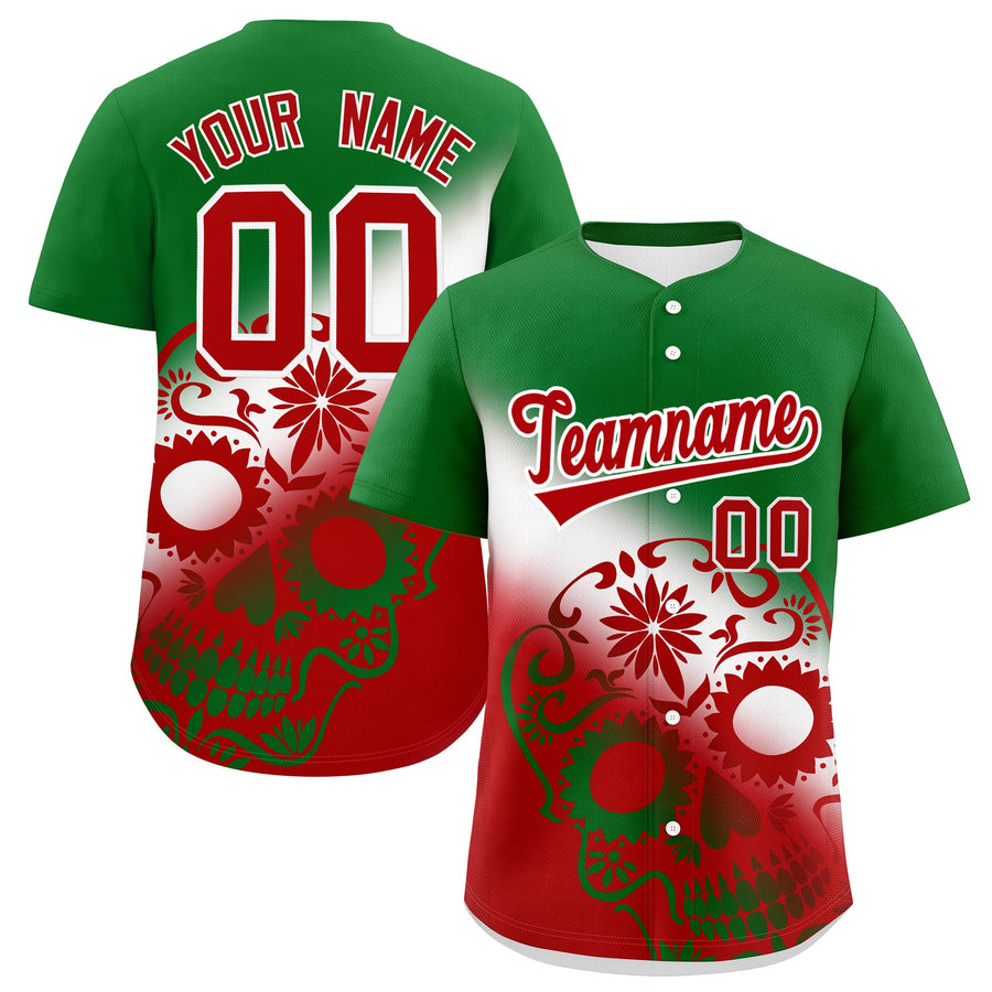 Custom Kelly Green White Red Graffiti Pattern Mexican style Stretch Fabric Baseball Jersey | BuyFootballJersey