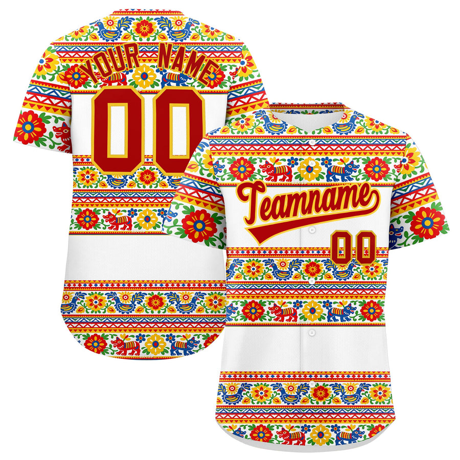 Custom White Red Gold Graffiti Pattern Mexican style Stretch Fabric Baseball Jersey | BuyFootballJersey