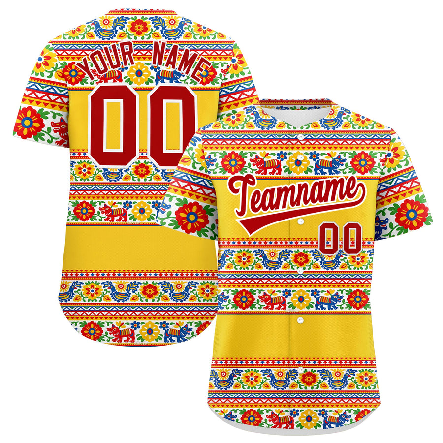 Custom Gold Red White Graffiti Pattern Mexican style Stretch Fabric Baseball Jersey | BuyFootballJersey