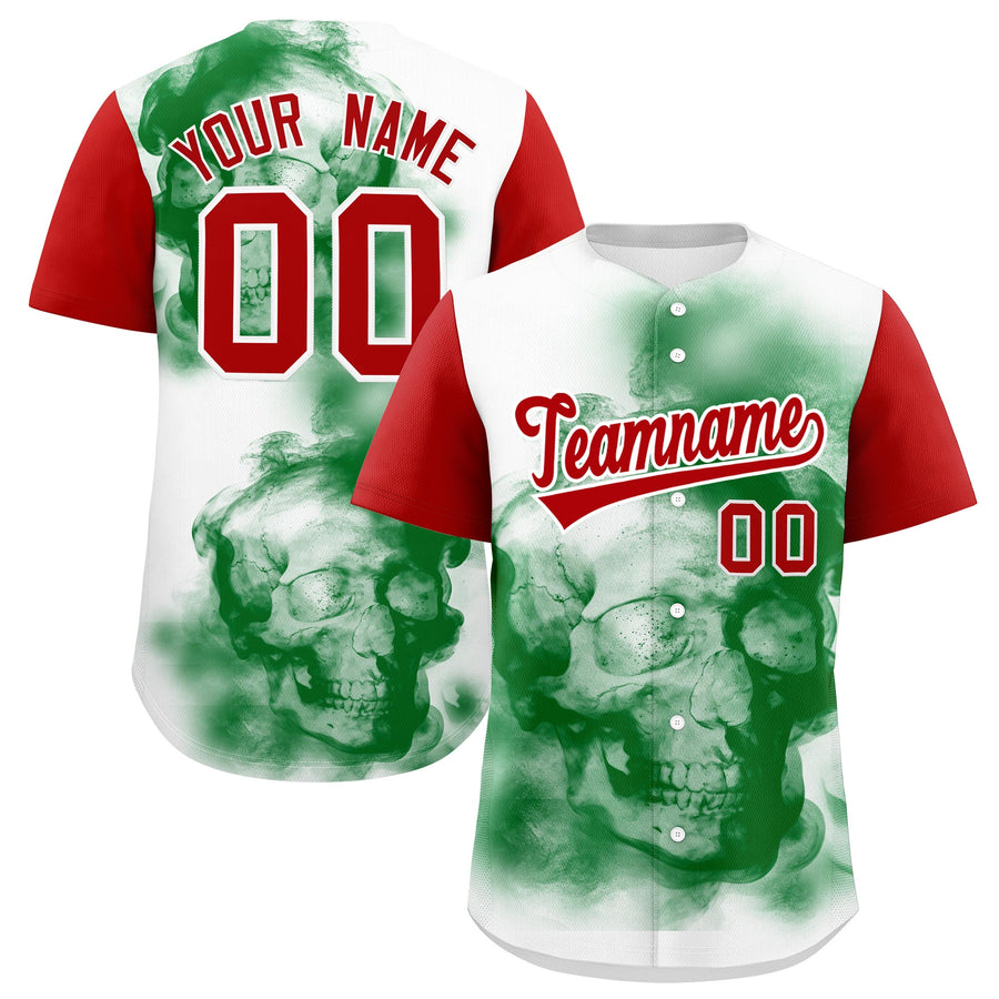 Custom White Red Kelly Green Graffiti Pattern Mexican style Stretch Fabric Baseball Jersey | BuyFootballJersey