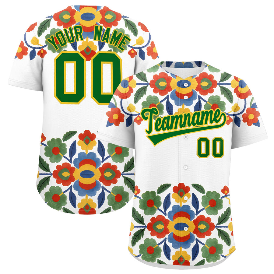 Custom White Kelly Green Gold Graffiti Pattern Mexican style Stretch Fabric Baseball Jersey | BuyFootballJersey