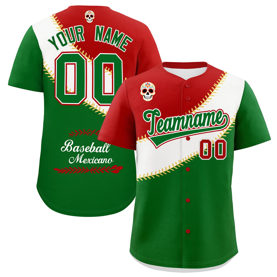 Custom Red White Kelly Green Graffiti Pattern Mexican style Stretch Fabric Baseball Jersey | BuyFootballJersey