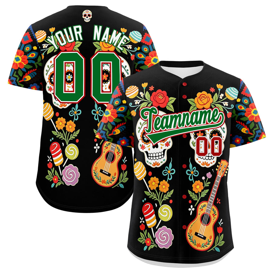 Custom Black Kelly Green White Graffiti Pattern Mexican style Stretch Fabric Baseball Jersey | BuyFootballJersey