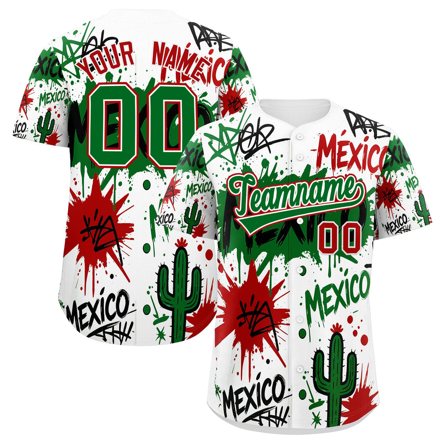 Custom White Kelly Green Red Graffiti Pattern Mexican style Stretch Fabric Baseball Jersey | BuyFootballJersey