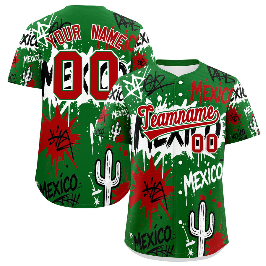 Custom Kelly Green Red White Graffiti Pattern Mexican style Stretch Fabric Baseball Jersey | BuyFootballJersey