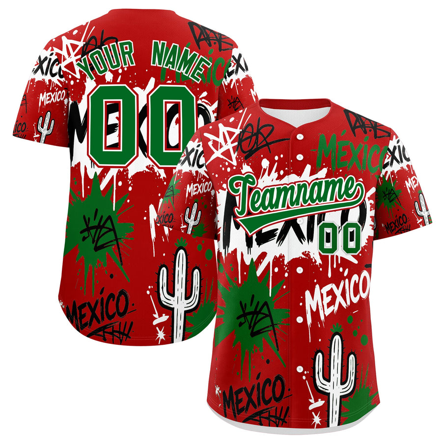 Custom Red Kelly Green White Graffiti Pattern Mexican style Stretch Fabric Baseball Jersey | BuyFootballJersey