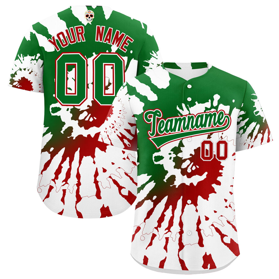 Custom White Kelly Green Red Graffiti Pattern Mexican style Stretch Fabric Baseball Jersey | BuyFootballJersey
