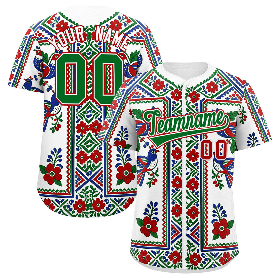 Custom White Kelly Green Red Graffiti Pattern Mexican style Stretch Fabric Baseball Jersey | BuyFootballJersey