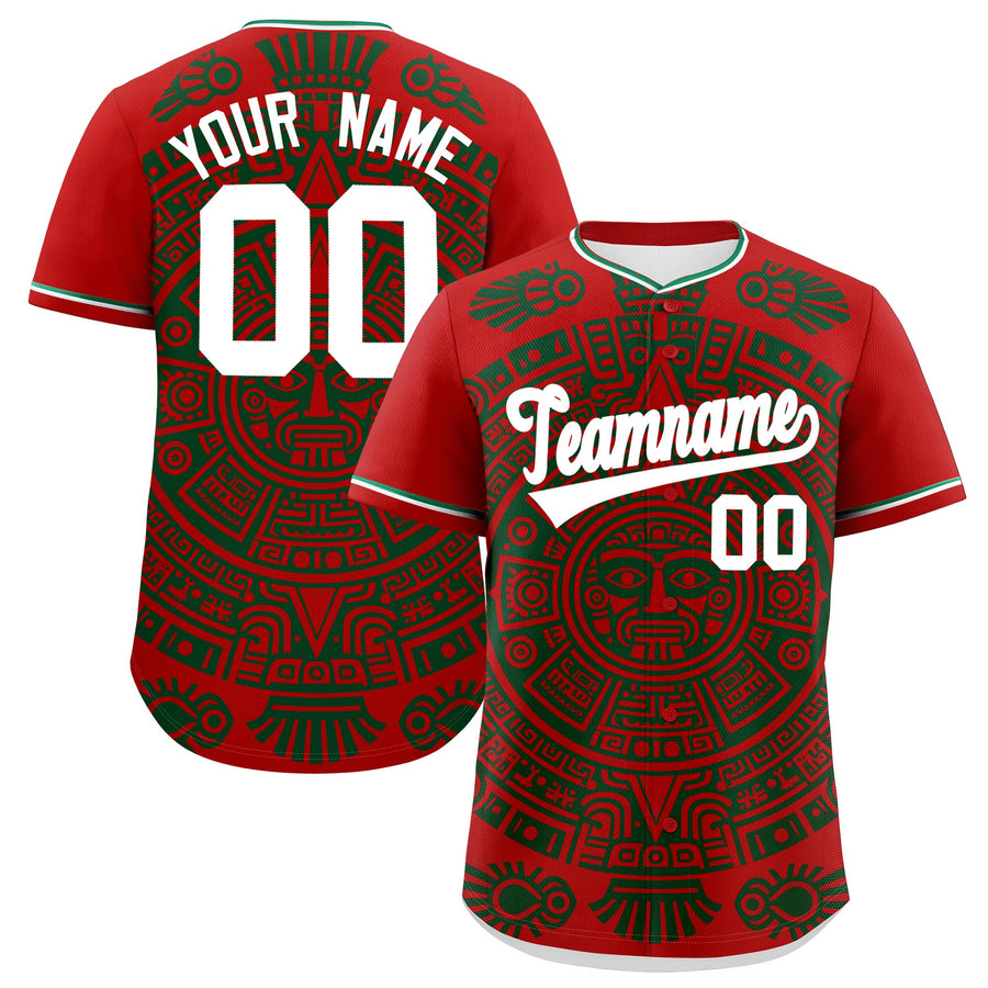 Custom Red Dark Green White Graffiti Pattern Mexican style Stretch Fabric Baseball Jersey | BuyFootballJersey