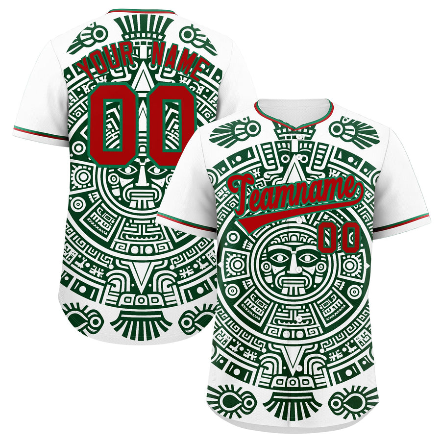 Custom White Dark Green Red Graffiti Pattern Mexican style Stretch Fabric Baseball Jersey | BuyFootballJersey