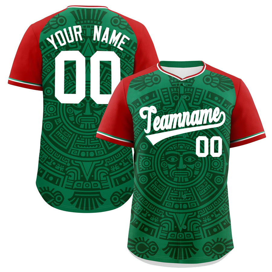 Custom Kelly Green Dark Green Red Graffiti Pattern Mexican style Stretch Fabric Baseball Jersey | BuyFootballJersey