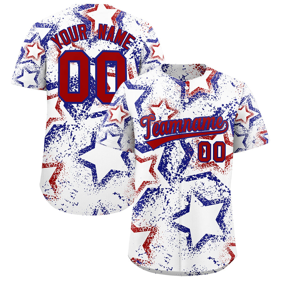 Custom White Royal Blue Red Star-Shaped Ink Texture Graffiti Pattern Baseball Jersey | BuyFootballJersey