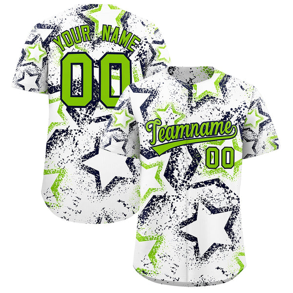 Custom White Neon Green Navy Star-Shaped Ink Texture Graffiti Pattern Baseball Jersey | BuyFootballJersey