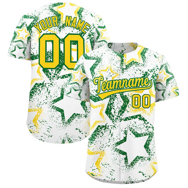 Custom White Kelly Green Gold Star-Shaped Ink Texture Graffiti Pattern Baseball Jersey | BuyFootballJersey