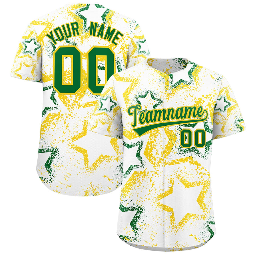 Custom White Gold Kelly Green Star-Shaped Ink Texture Graffiti Pattern Baseball Jersey | BuyFootballJersey