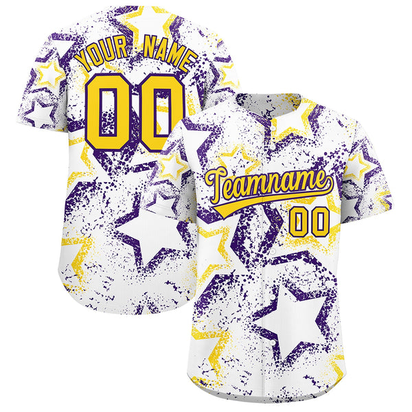 Custom White Gold Purple Star-Shaped Ink Texture Graffiti Pattern Baseball Jersey | BuyFootballJersey