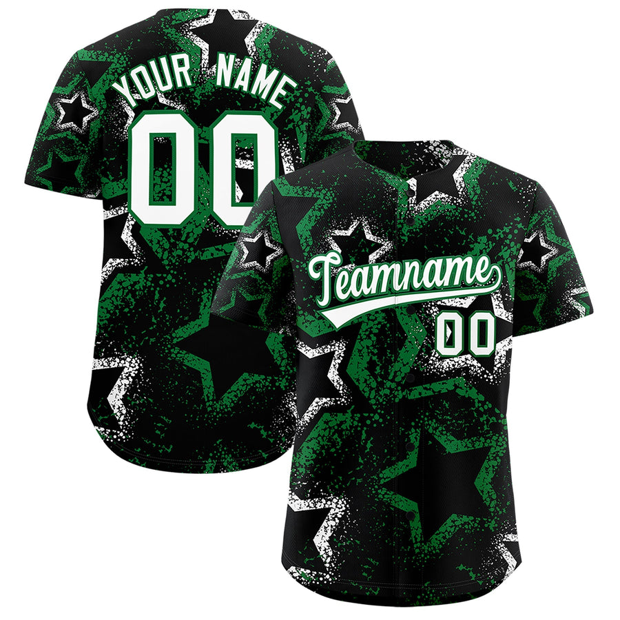 Custom Black White Kelly Green Star-Shaped Ink Texture Graffiti Pattern Baseball Jersey | BuyFootballJersey