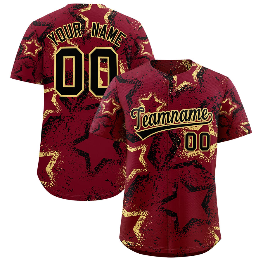 Custom Crimson Khaki Black Star-Shaped Ink Texture Graffiti Pattern Baseball Jersey | BuyFootballJersey
