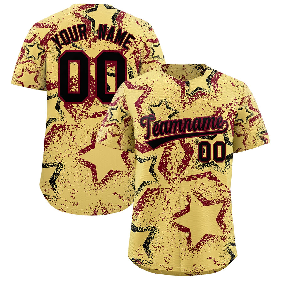 Custom Khaki Black Crimson Star-Shaped Ink Texture Graffiti Pattern Baseball Jersey | BuyFootballJersey