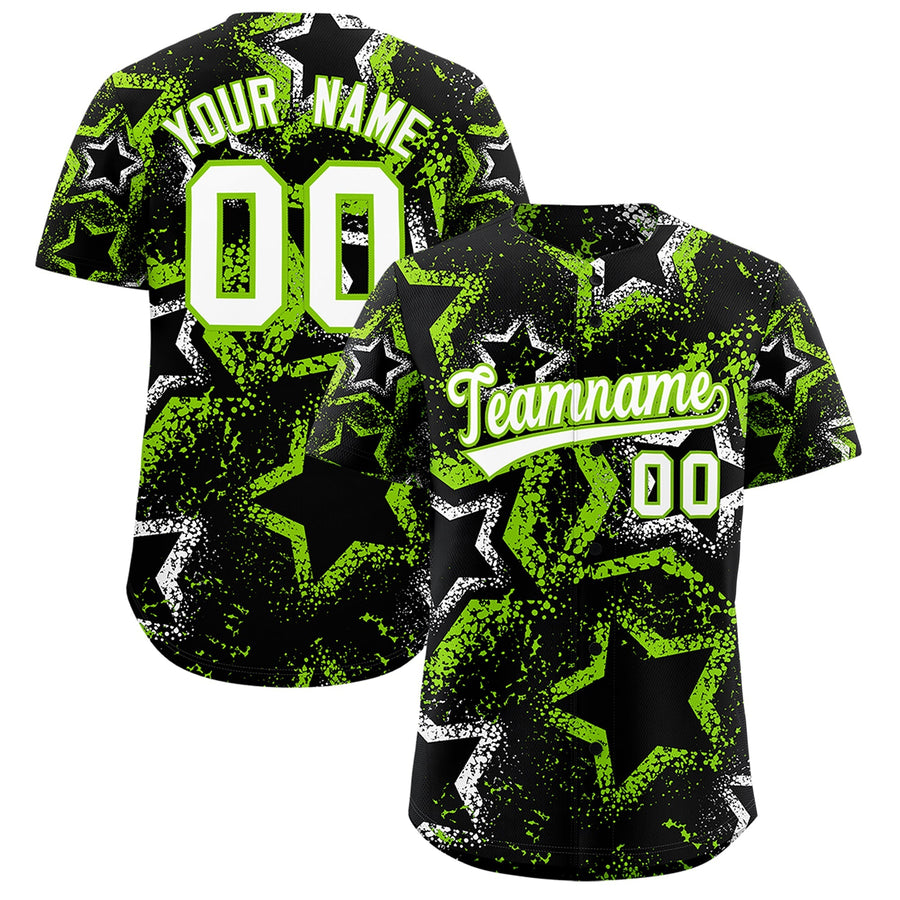 Custom Black White Neon Green Star-Shaped Ink Texture Graffiti Pattern Baseball Jersey | BuyFootballJersey