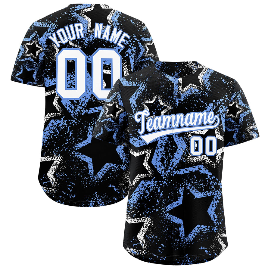 Custom Black White Light Blue Star-Shaped Ink Texture Graffiti Pattern Baseball Jersey | BuyFootballJersey