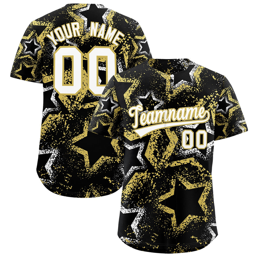 Custom Black White Old Gold Star-Shaped Ink Texture Graffiti Pattern Baseball Jersey | BuyFootballJersey