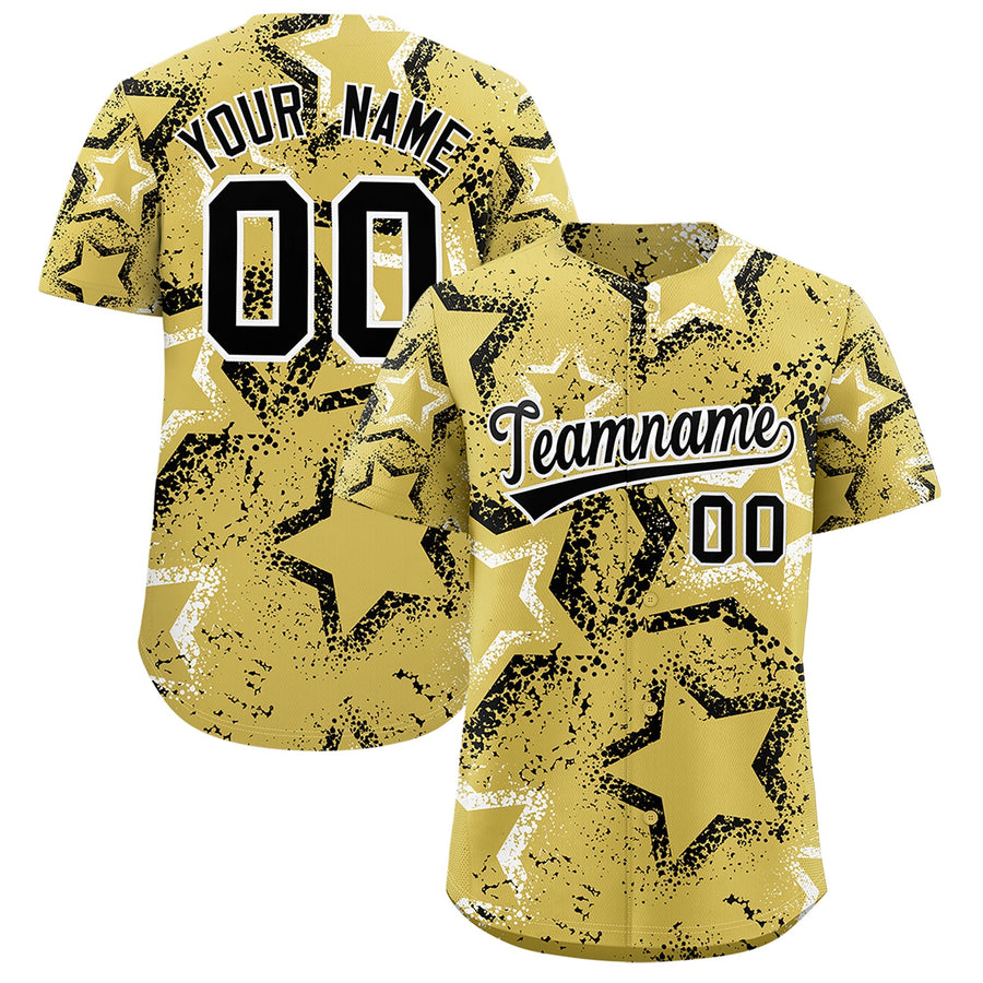 Custom Old Gold White Black Star-Shaped Ink Texture Graffiti Pattern Baseball Jersey | BuyFootballJersey