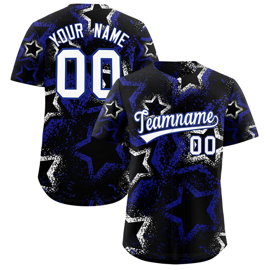 Custom Black White Royal Blue Star-Shaped Ink Texture Graffiti Pattern Baseball Jersey | BuyFootballJersey