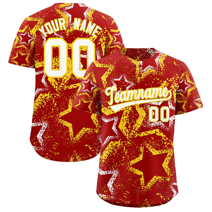 Custom Red White Gold Star-Shaped Ink Texture Graffiti Pattern Baseball Jersey | BuyFootballJersey