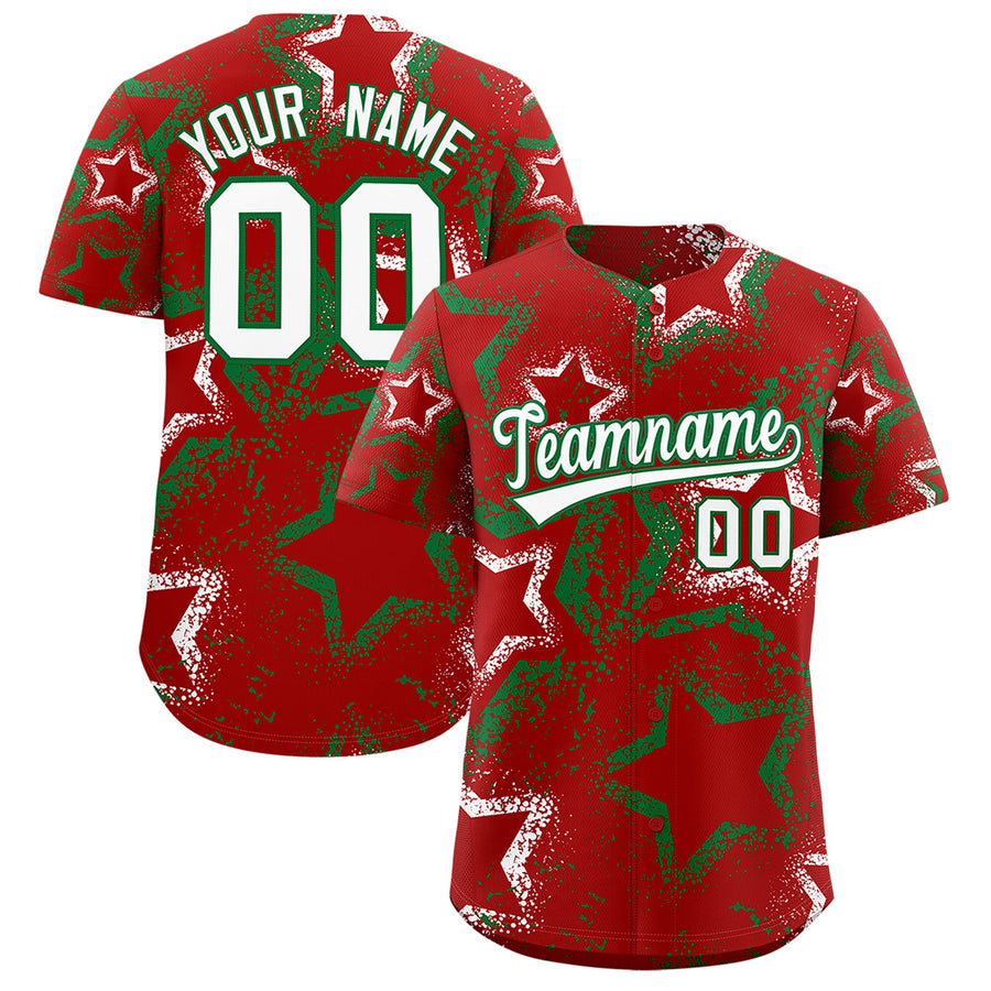 Custom Red White Kelly Green Star-Shaped Ink Texture Graffiti Pattern Baseball Jersey | BuyFootballJersey