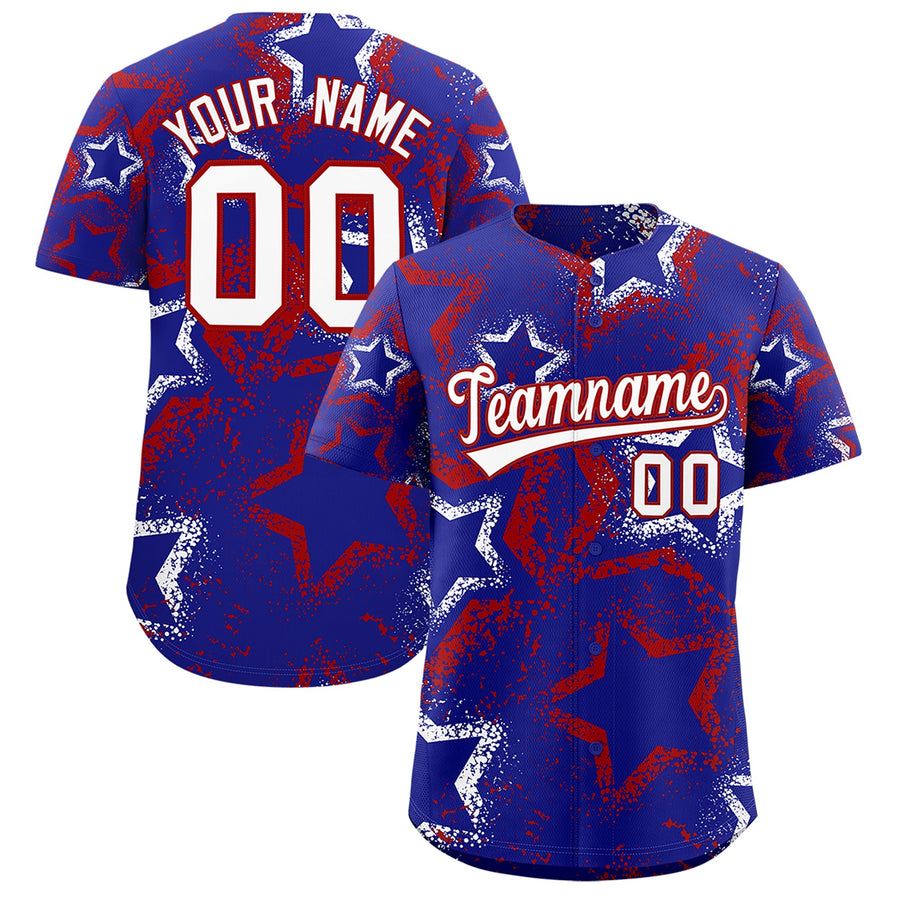 Custom Royal Blue White Red Star-Shaped Ink Texture Graffiti Pattern Baseball Jersey | BuyFootballJersey