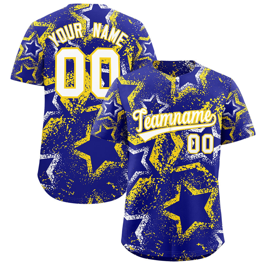 Custom Royal Blue White Gold Star-Shaped Ink Texture Graffiti Pattern Baseball Jersey | BuyFootballJersey