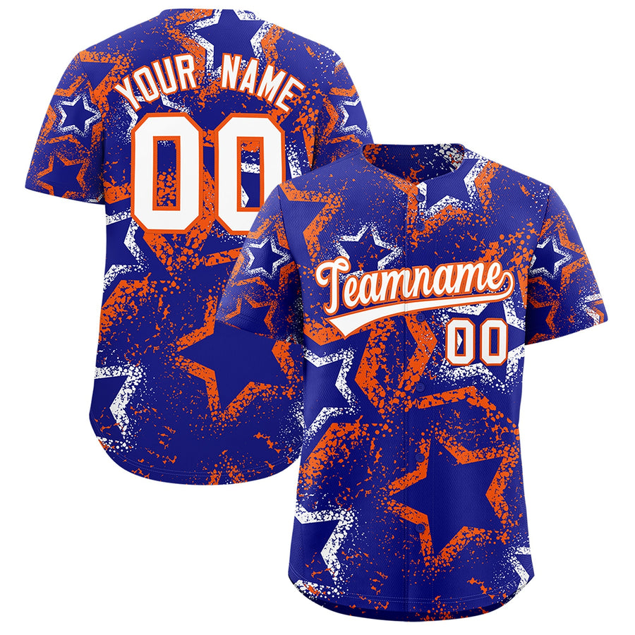 Custom Royal Blue White Orange Star-Shaped Ink Texture Graffiti Pattern Baseball Jersey | BuyFootballJersey
