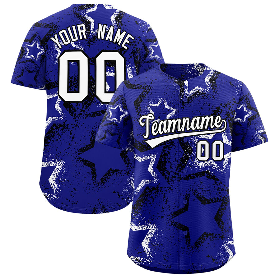 Custom Royal Blue Black White Star-Shaped Ink Texture Graffiti Pattern Baseball Jersey | BuyFootballJersey