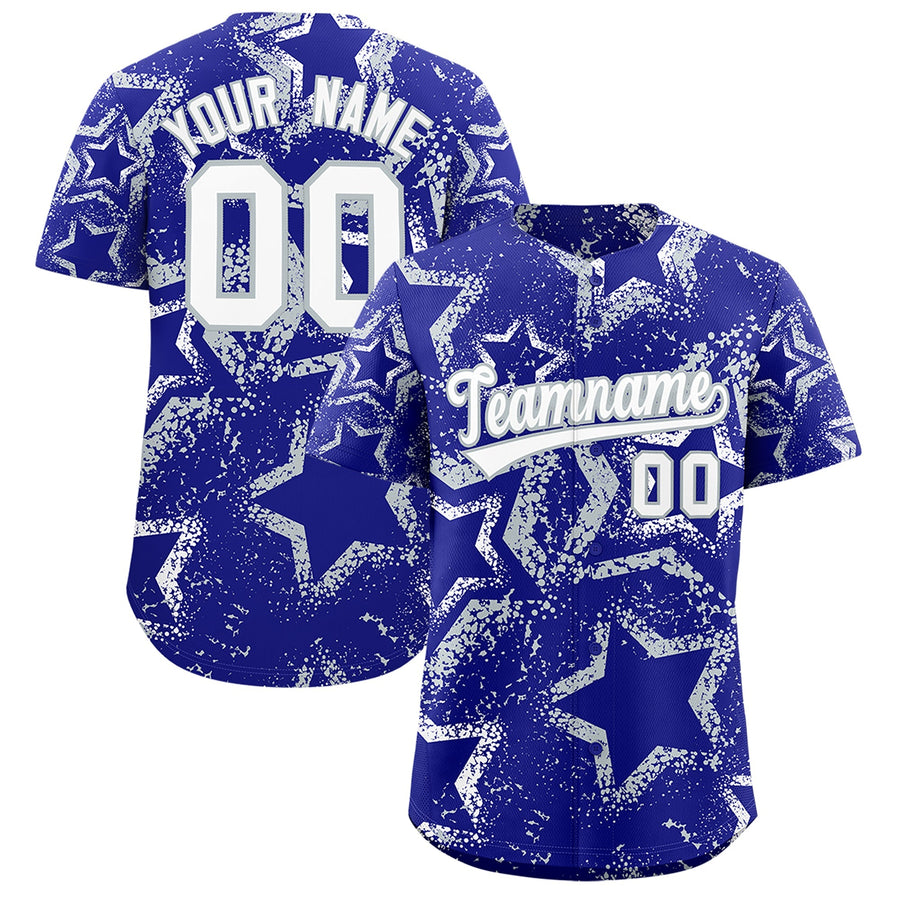Custom Royal Blue White Silver Star-Shaped Ink Texture Graffiti Pattern Baseball Jersey | BuyFootballJersey
