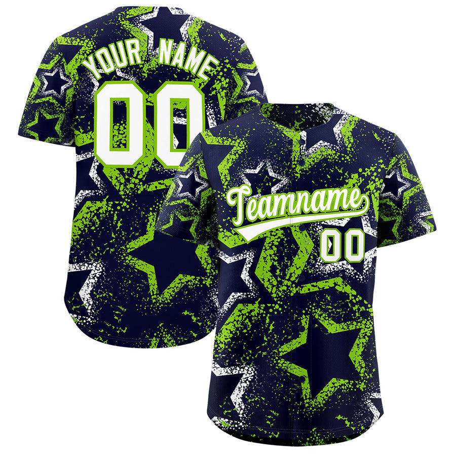Custom Navy White Neon Green Star-Shaped Ink Texture Graffiti Pattern Baseball Jersey | BuyFootballJersey