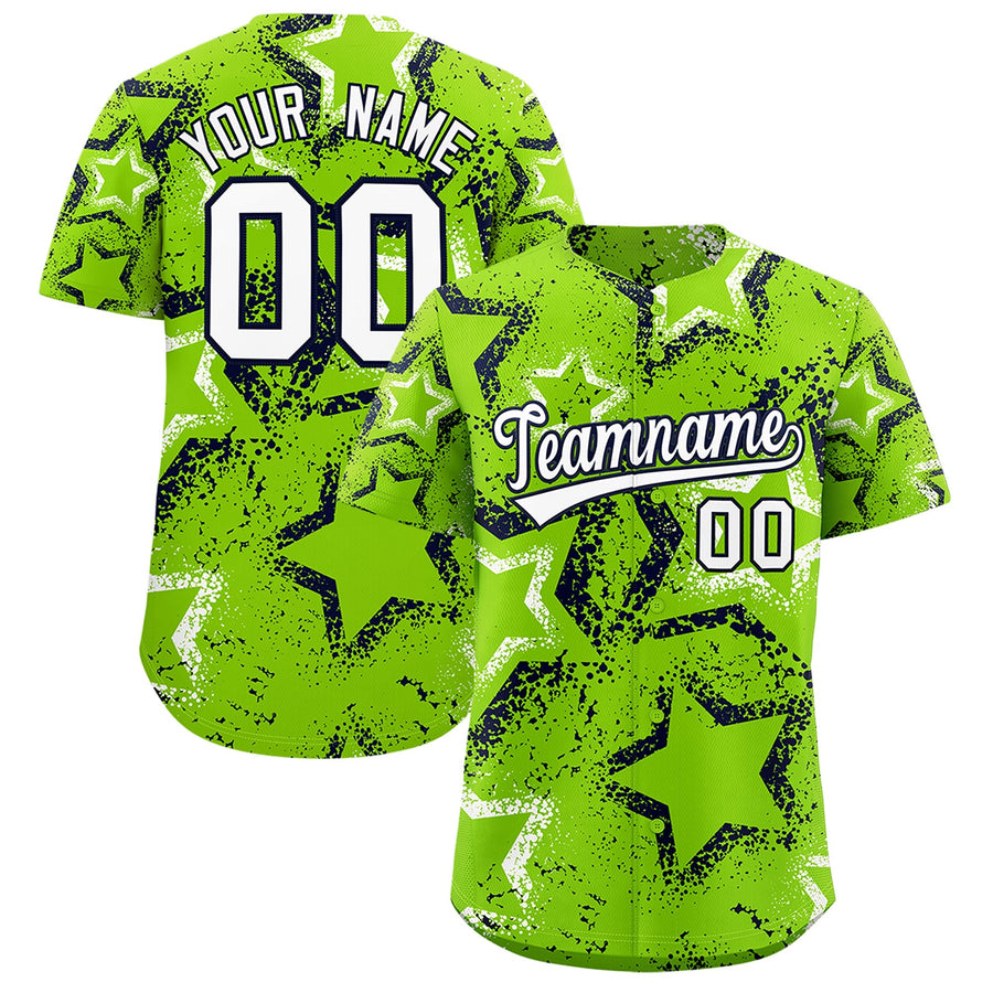 Custom Neon Green White Navy Star-Shaped Ink Texture Graffiti Pattern Baseball Jersey | BuyFootballJersey