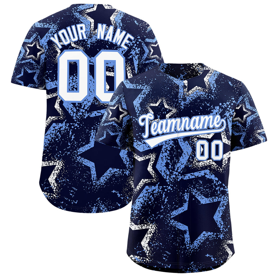 Custom Navy White Light Blue Star-Shaped Ink Texture Graffiti Pattern Baseball Jersey | BuyFootballJersey