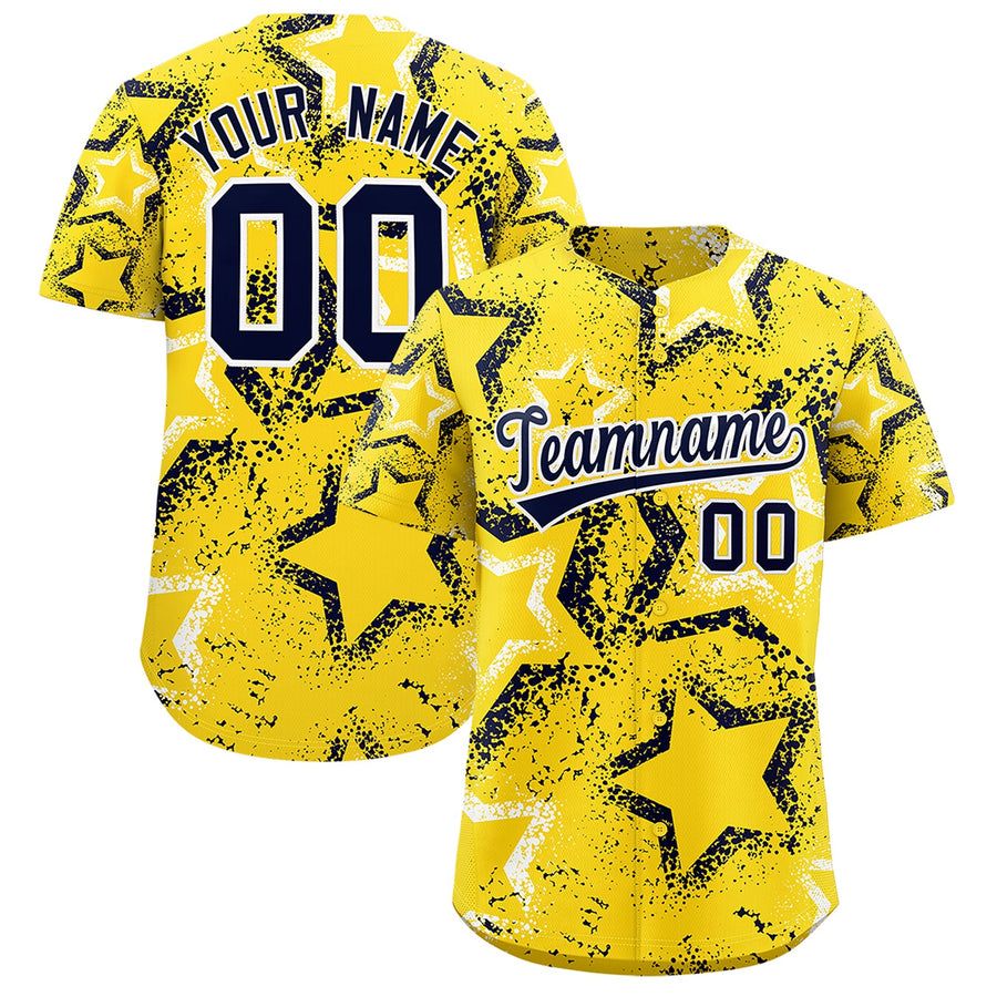 Custom Gold White Navy Star-Shaped Ink Texture Graffiti Pattern Baseball Jersey | BuyFootballJersey