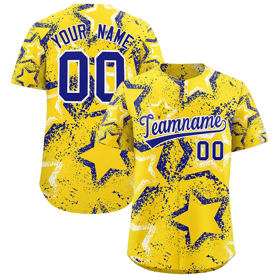 Custom Gold White Royal Blue Star-Shaped Ink Texture Graffiti Pattern Baseball Jersey | BuyFootballJersey