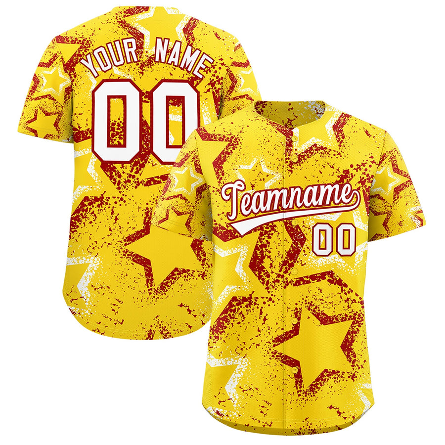 Custom Gold White Red Star-Shaped Ink Texture Graffiti Pattern Baseball Jersey | BuyFootballJersey