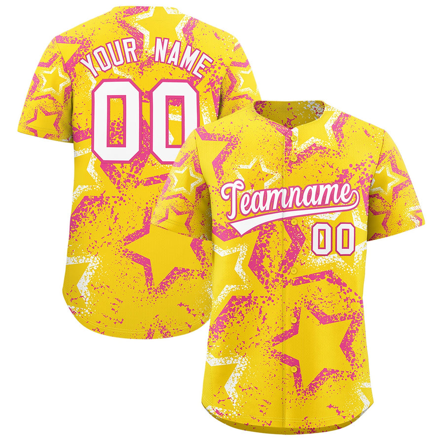 Custom Gold White Pink Star-Shaped Ink Texture Graffiti Pattern Baseball Jersey | BuyFootballJersey
