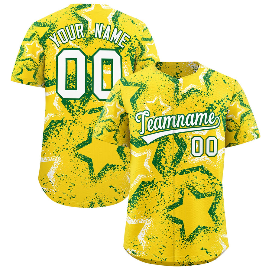 Custom Gold White Kelly Green Star-Shaped Ink Texture Graffiti Pattern Baseball Jersey | BuyFootballJersey