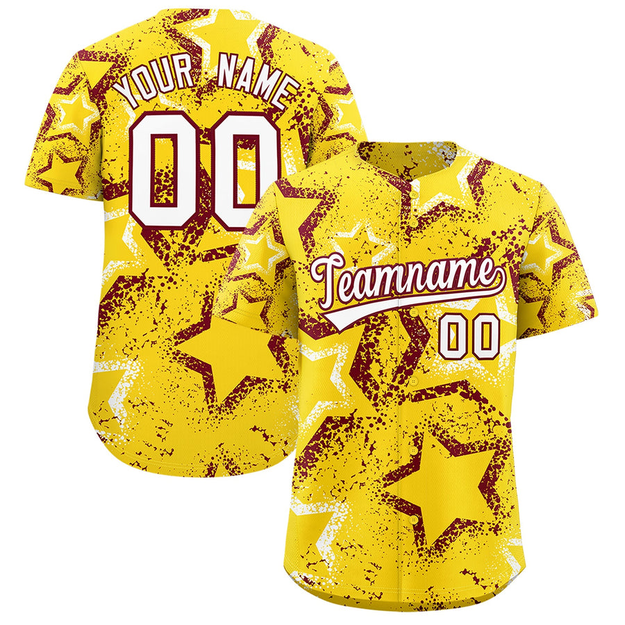 Custom Gold White Crimson Star-Shaped Ink Texture Graffiti Pattern Baseball Jersey | BuyFootballJersey